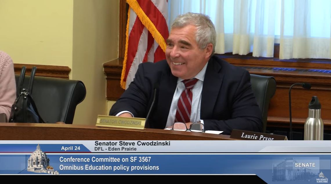 Sen. Steve Cwodzinski opens the April 24 meeting of the Conference Committee on SF3567, the education policy bill. (Screenshot courtesy Senate Media Services)